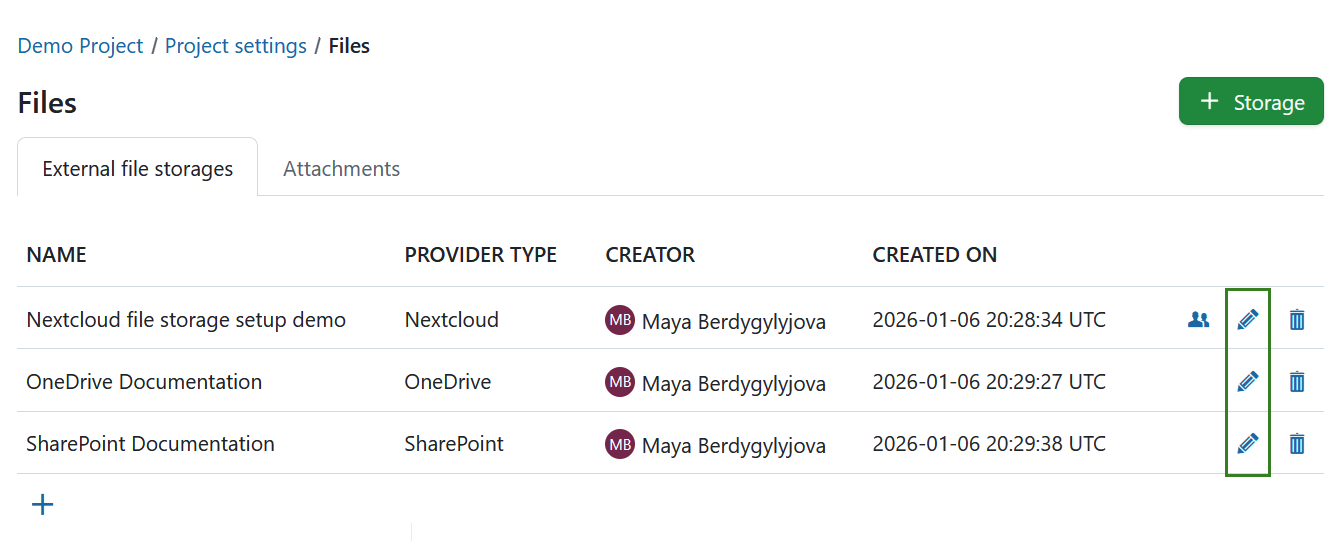 Lista de almacenamientos de proyectos, editar o eliminar
