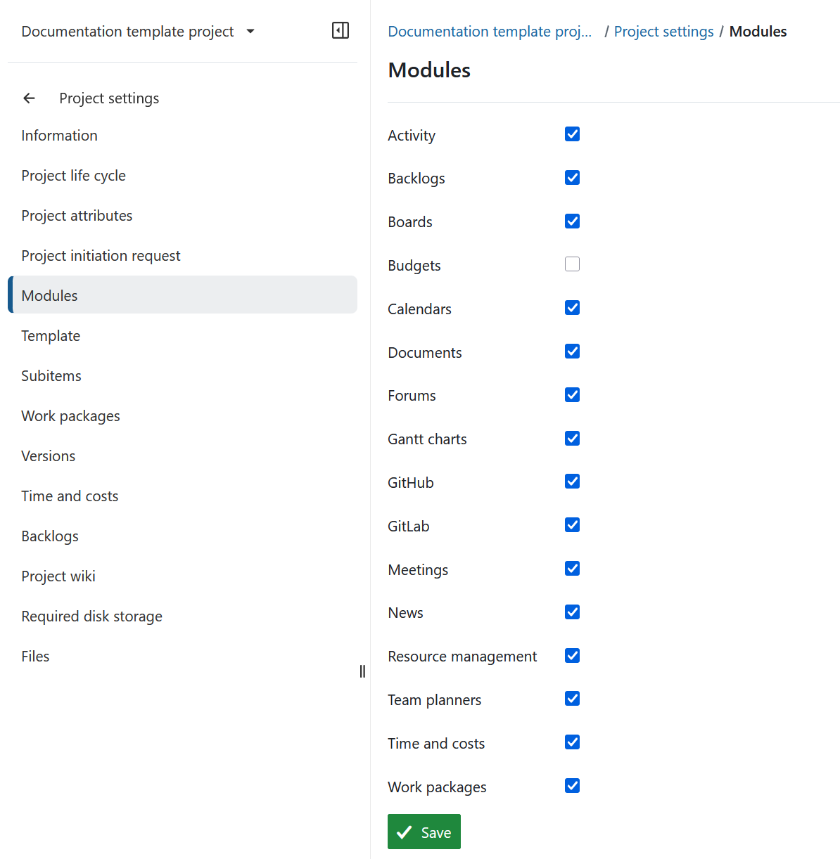 Síntese dos módulos nas definições do projeto no OpenProject