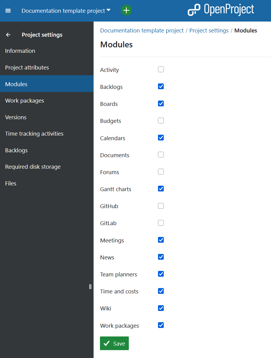 Overview of modules under project settings in OpenProject