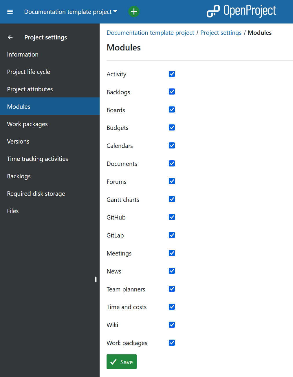 Overview of modules under project settings in OpenProject