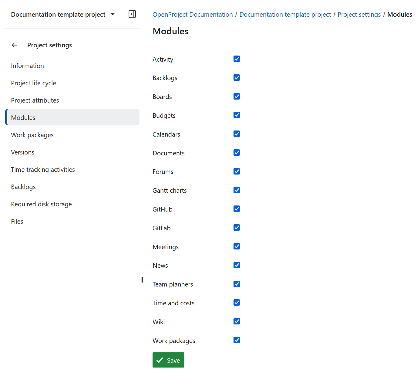 Descripción general de los módulos en la configuración del proyecto en OpenProject