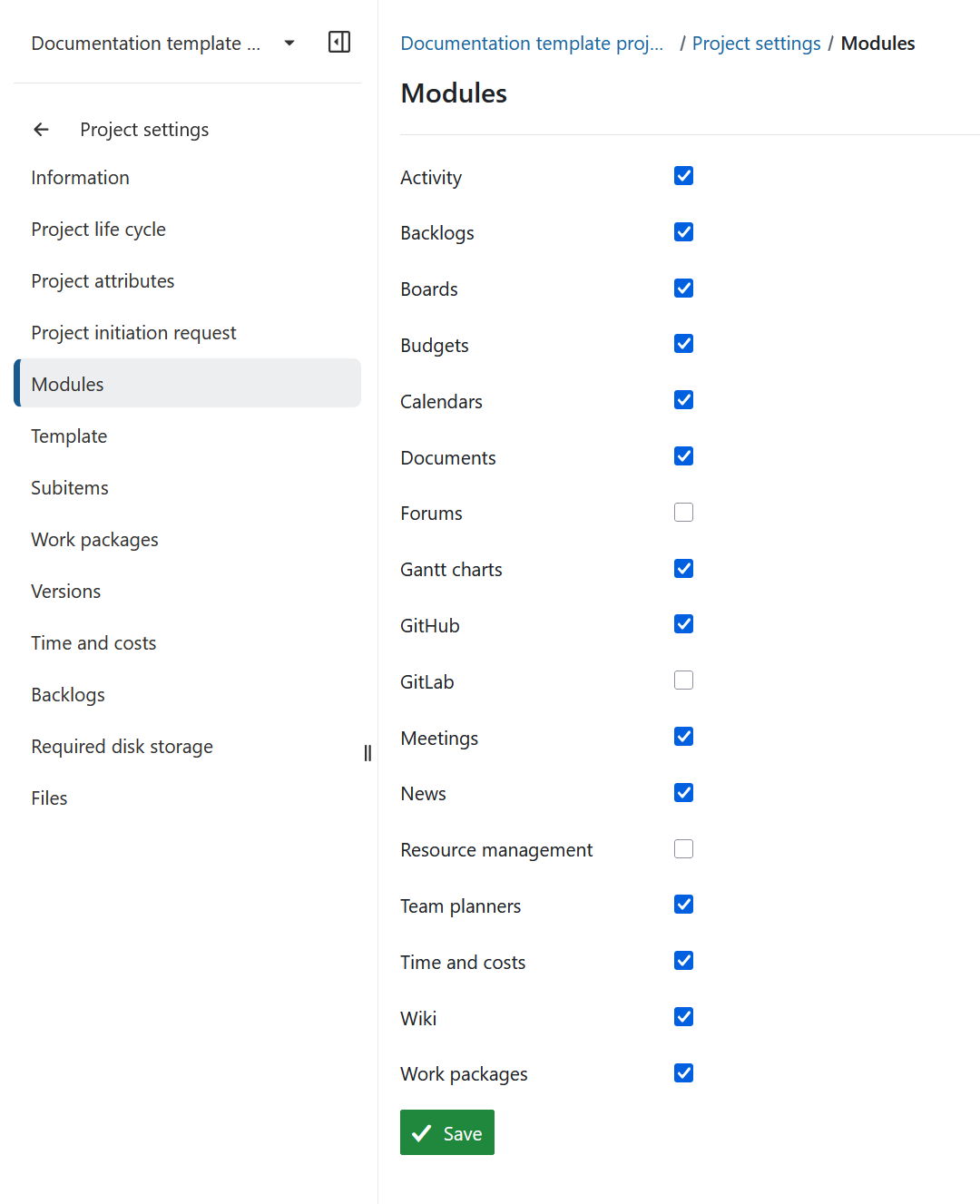 Descripción general de los módulos en la configuración del proyecto en OpenProject