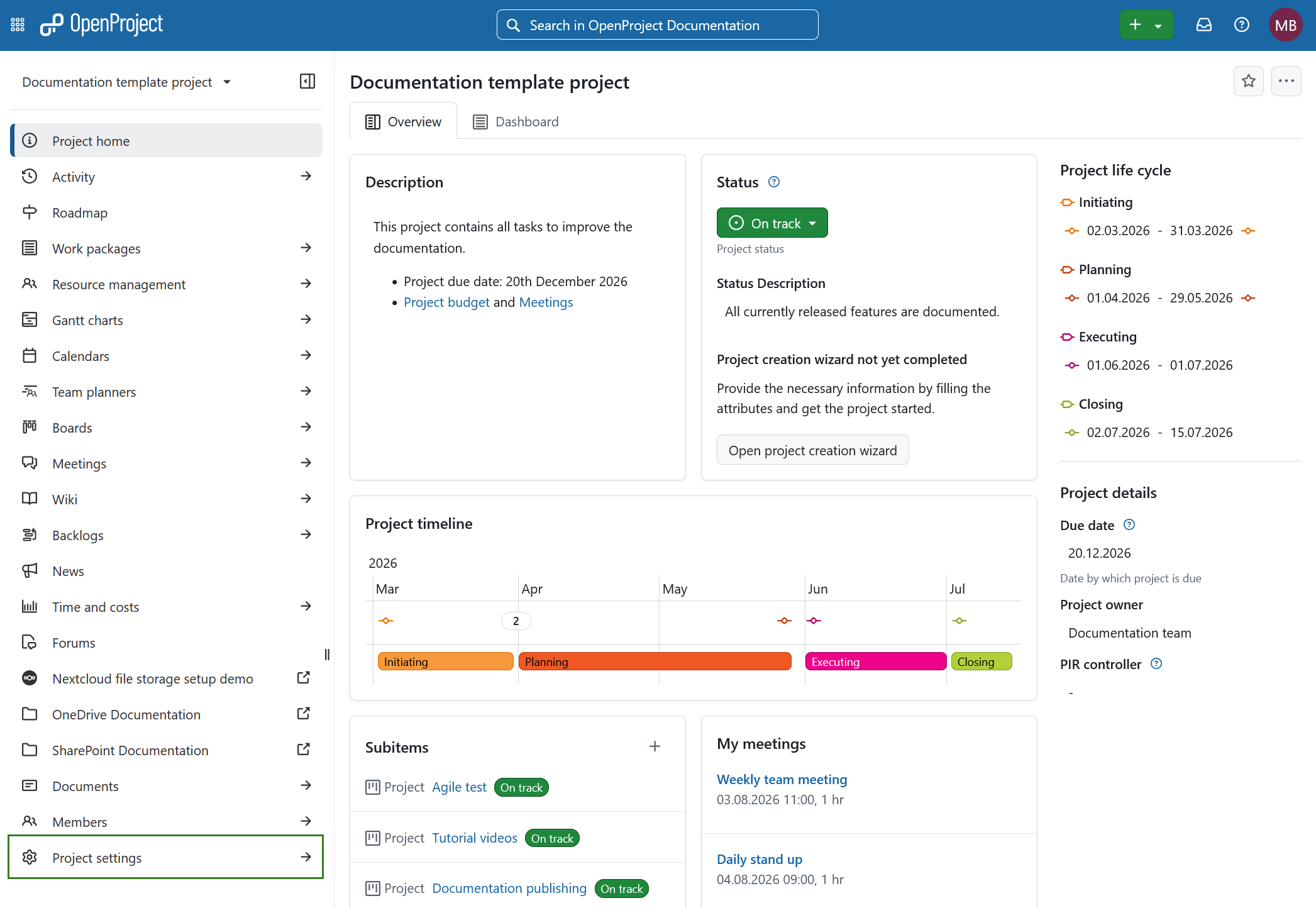 Módulo de definições do projeto selecionado no menu esquerdo do projeto no OpenProject