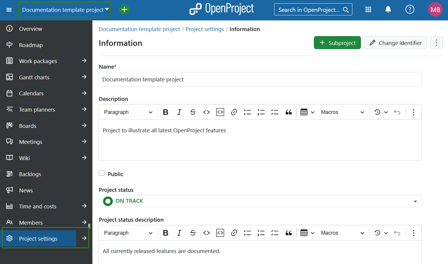 Project settings module selected in left-hand project menu in OpenProject