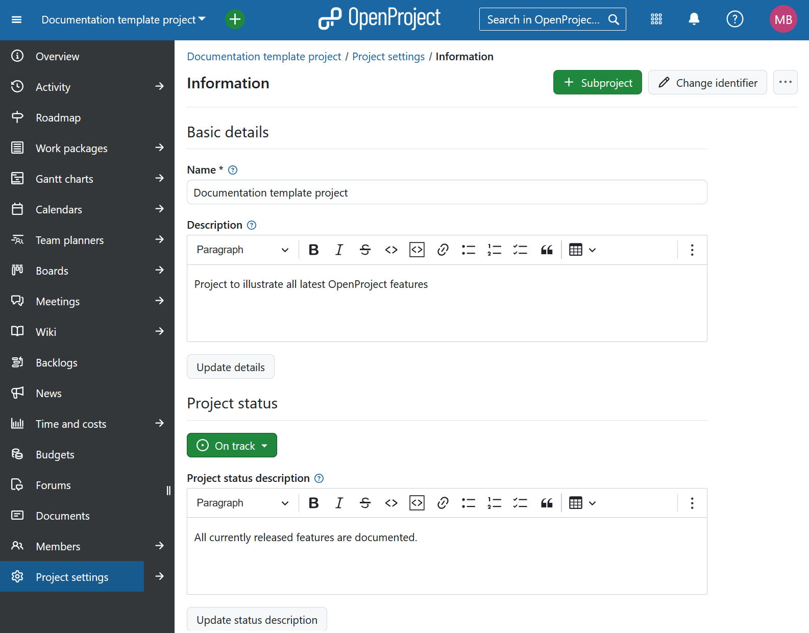 Project settings module selected in left-hand project menu in OpenProject
