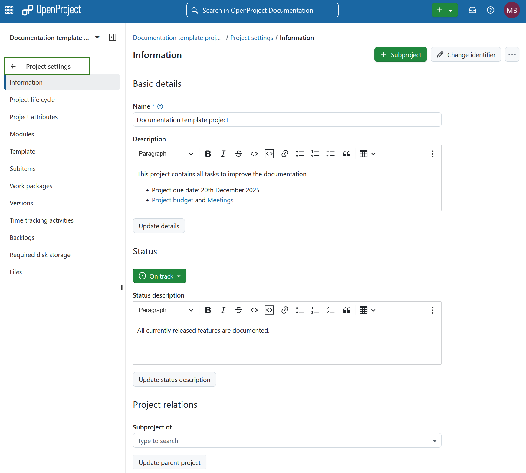 Módulo de configuración del proyecto seleccionado en el menú izquierdo del proyecto en OpenProject