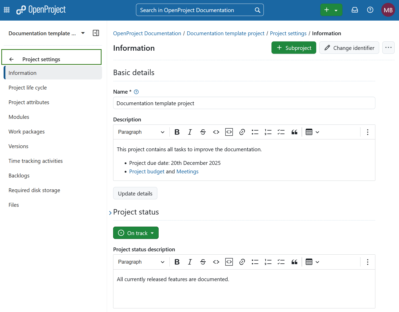 Módulo de configuración del proyecto seleccionado en el menú izquierdo del proyecto en OpenProject