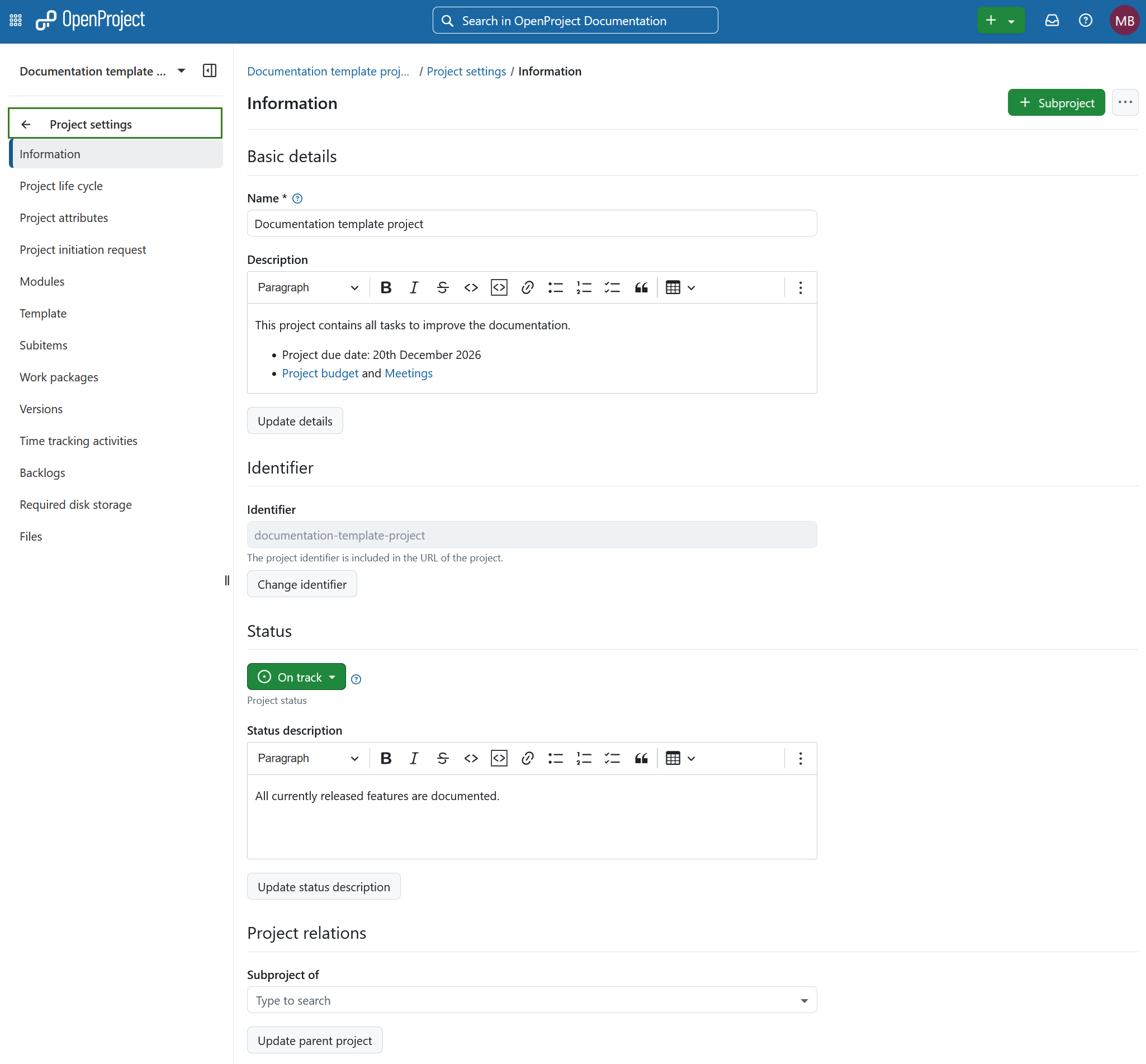 Module de configuration du projet sélectionné dans le menu du projet à gauche dans OpenProject