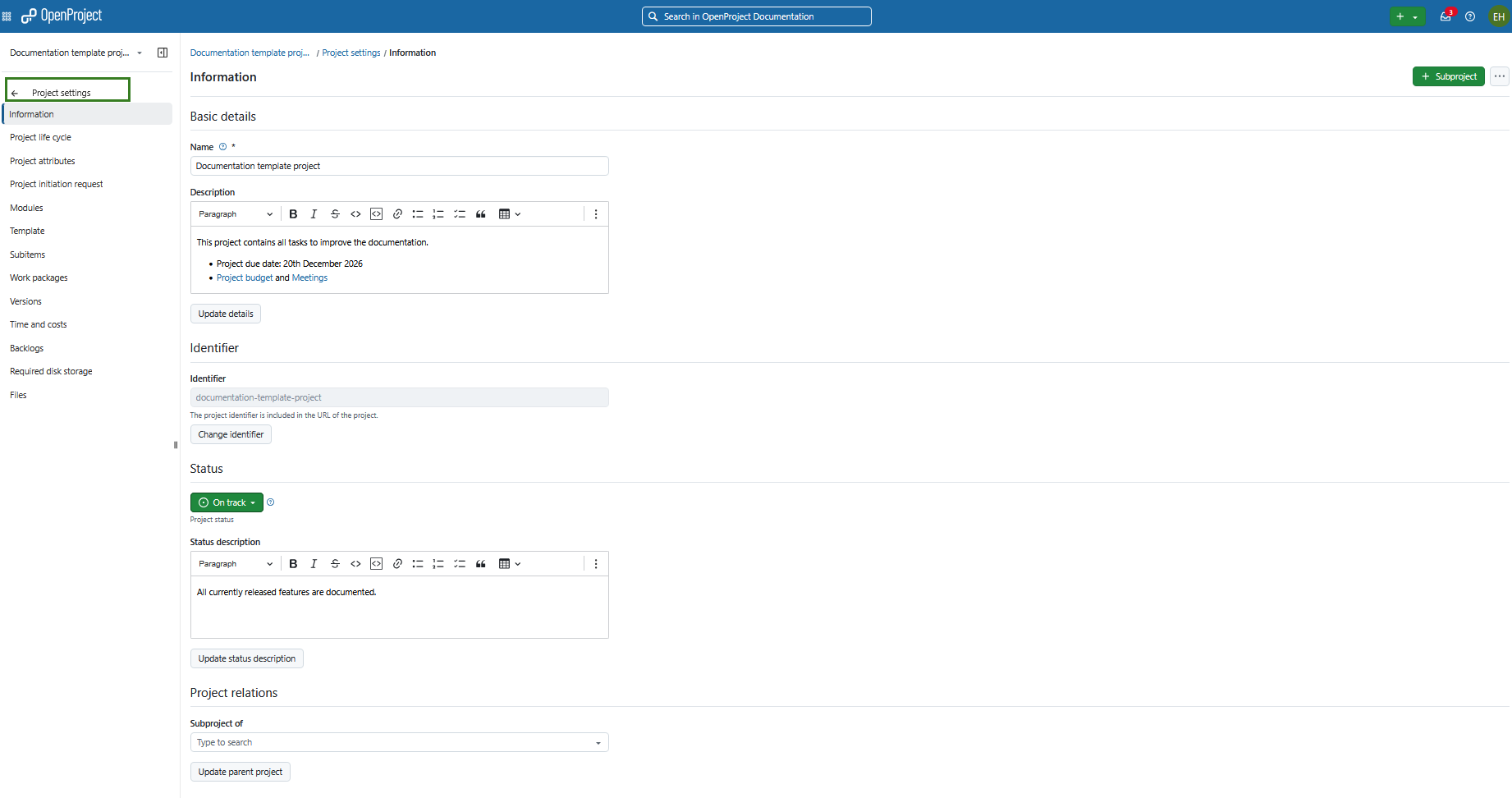 Módulo de definições do projeto selecionado no menu esquerdo do projeto no OpenProject