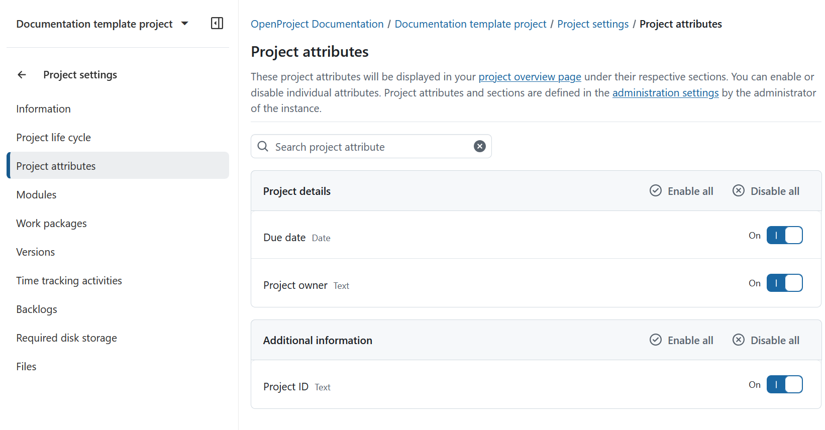 Lista de atributos do projeto nas Definições do projeto