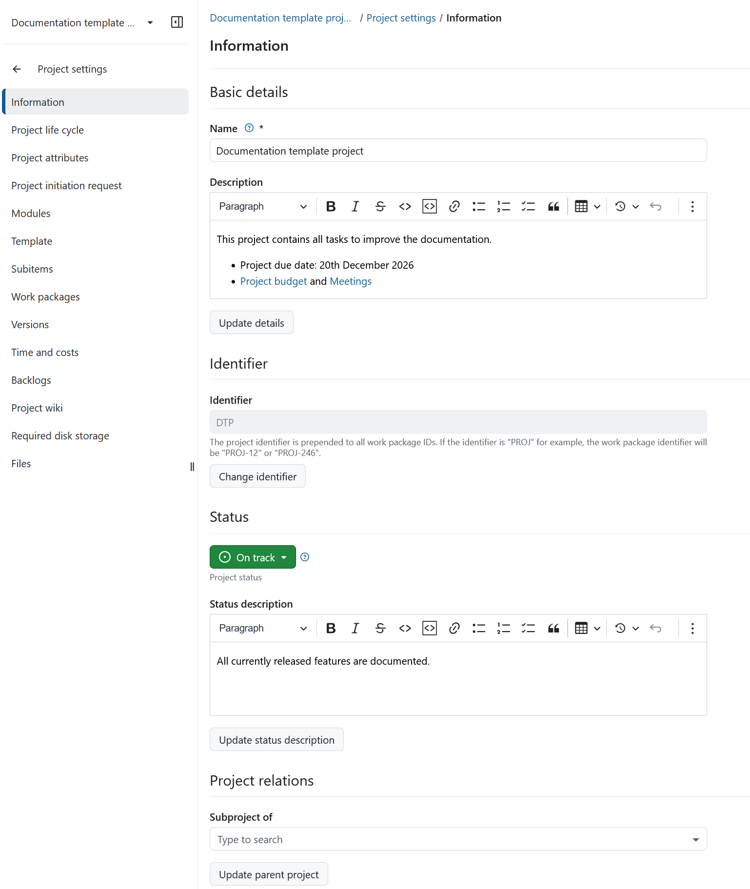 Project information page under project settings, showing basic details, project identifier, project status and project relations
