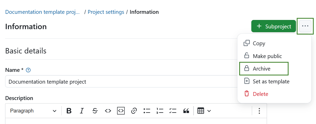 Arquivar um projeto nas definições do projeto no OpenProject