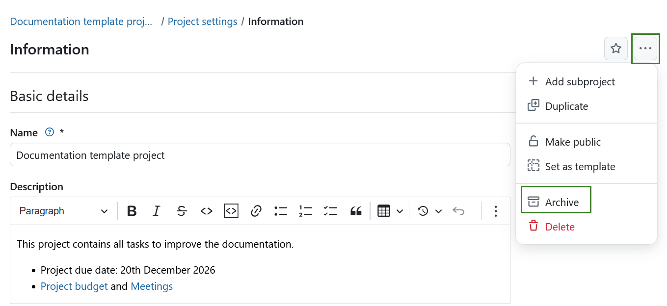 More actions menu with the Archive project option