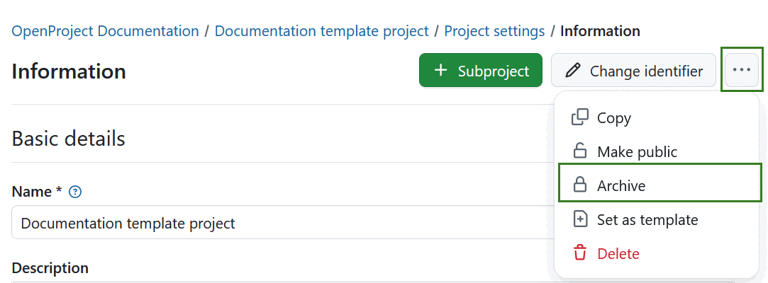 Ein Projekt unter den Projekteinstellungen in OpenProject archivieren