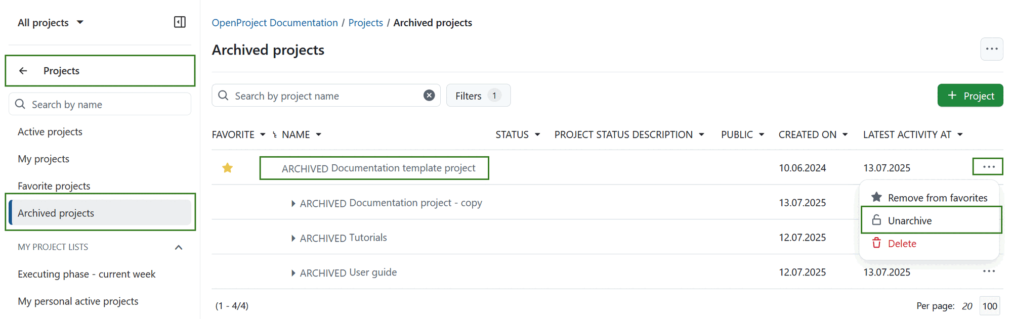 Ein archiviertes Projekt in der Projektliste in OpenProject