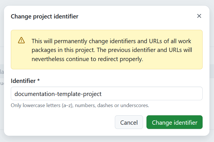 Um formulário para alterar o identificador do projeto no OpenProject