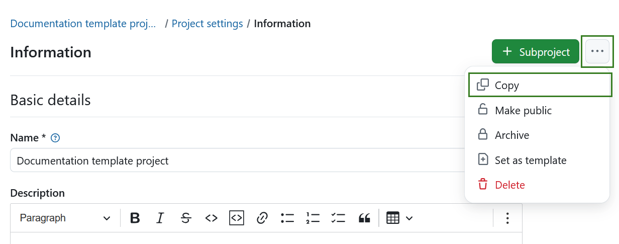 Copiar un proyecto en las configuraciones del proyecto en OpenProject