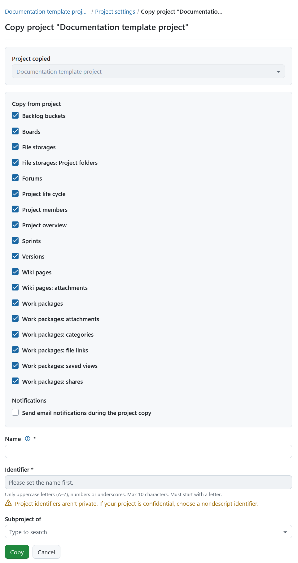 Project duplication form with options for selecting which project data and settings to copy