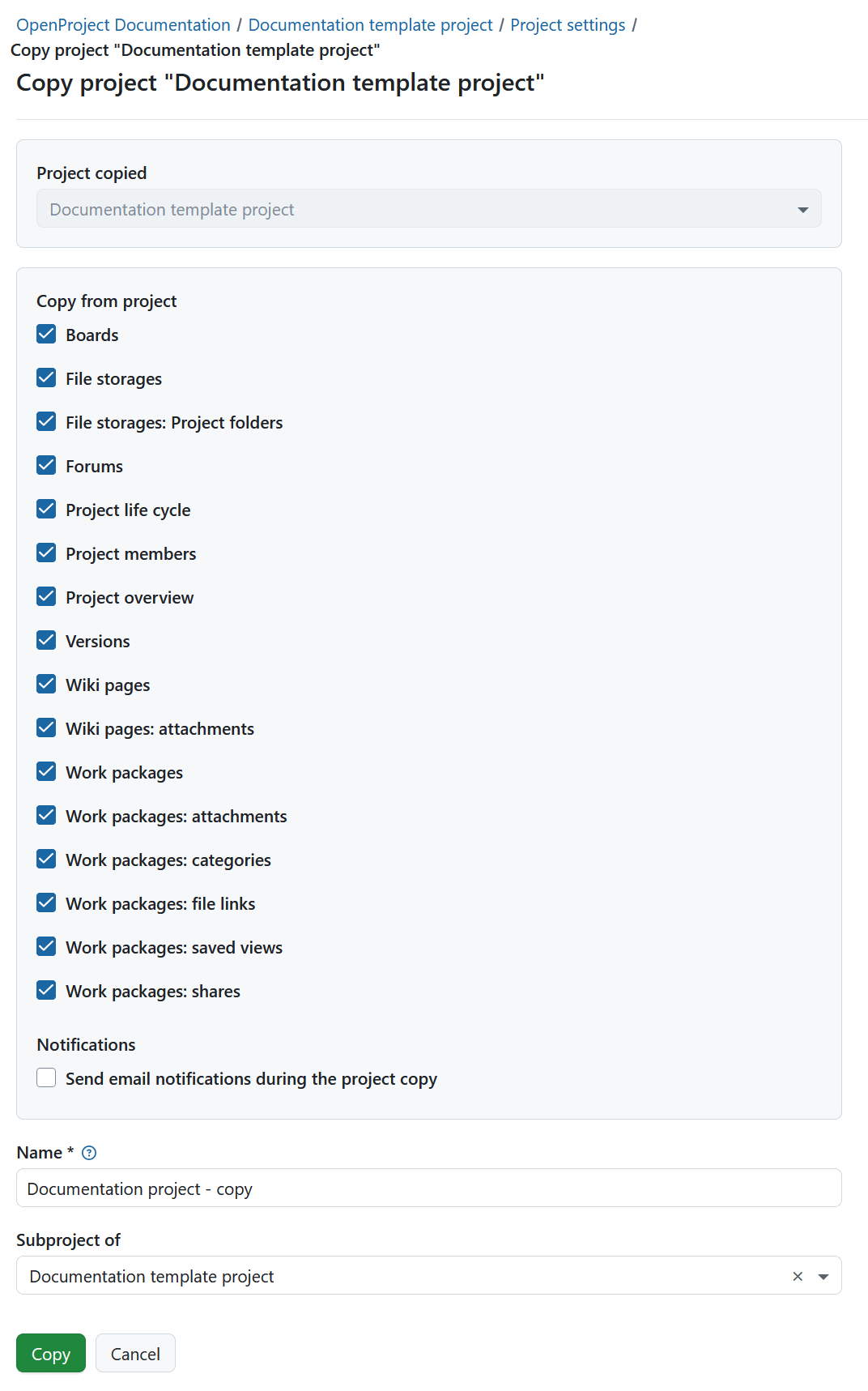 Formular zum Kopieren eines Projekts in OpenProject