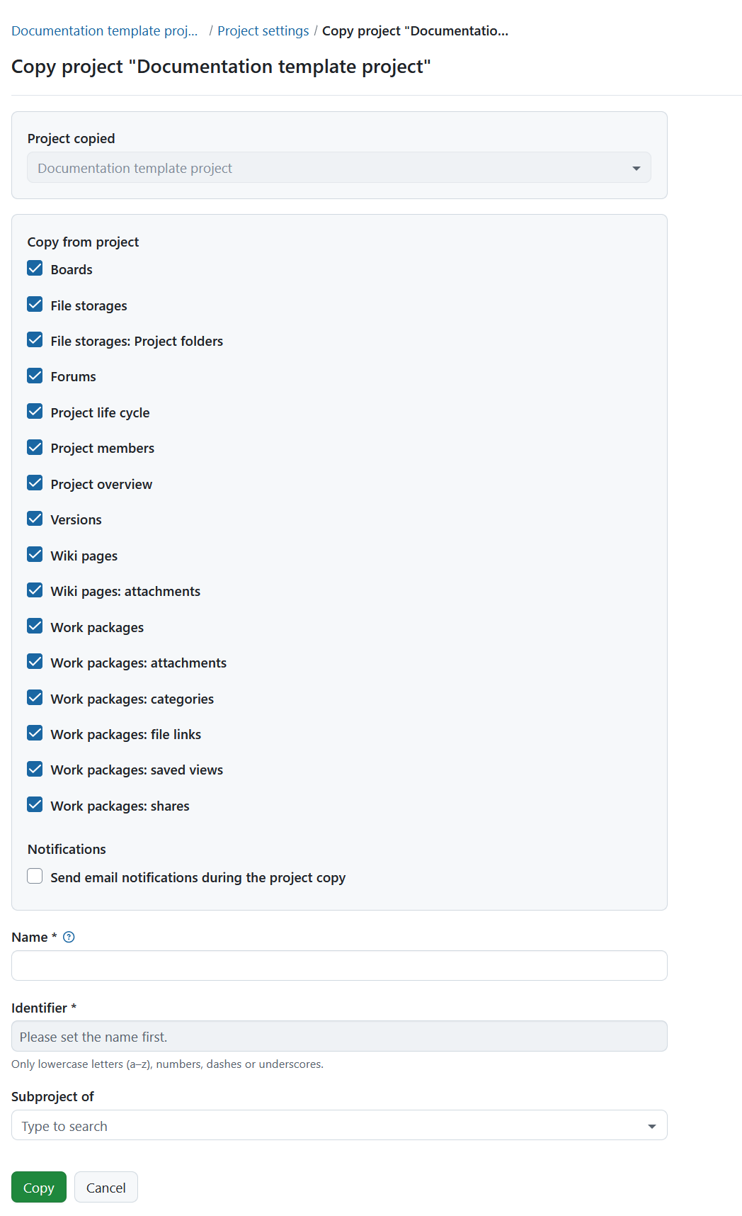 Formulário para especificar as opções de cópia ao copiar um projeto no OpenProject