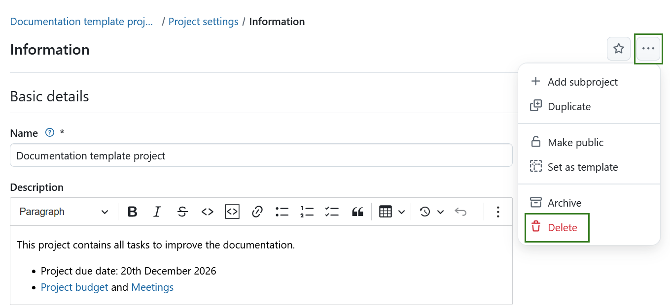 More actions menu with the Delete project option