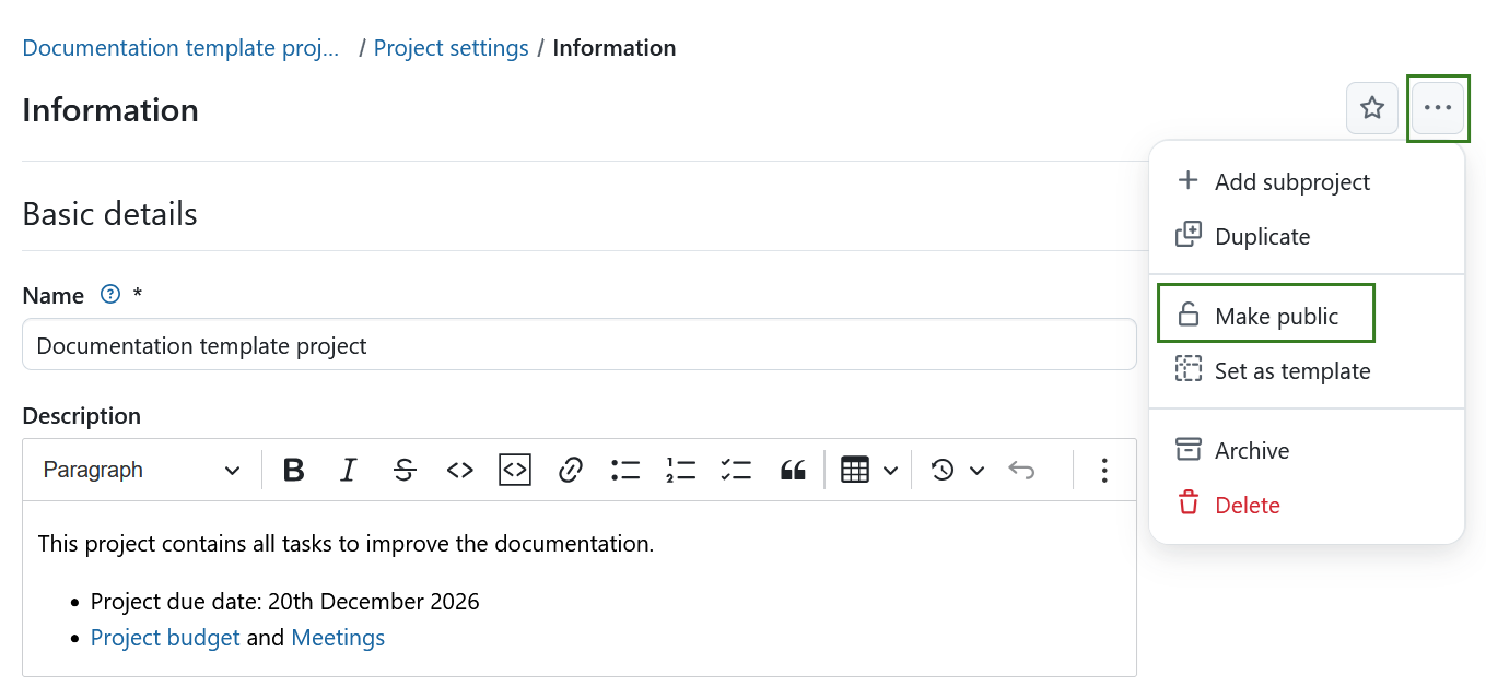 More actions menu with the Make public option