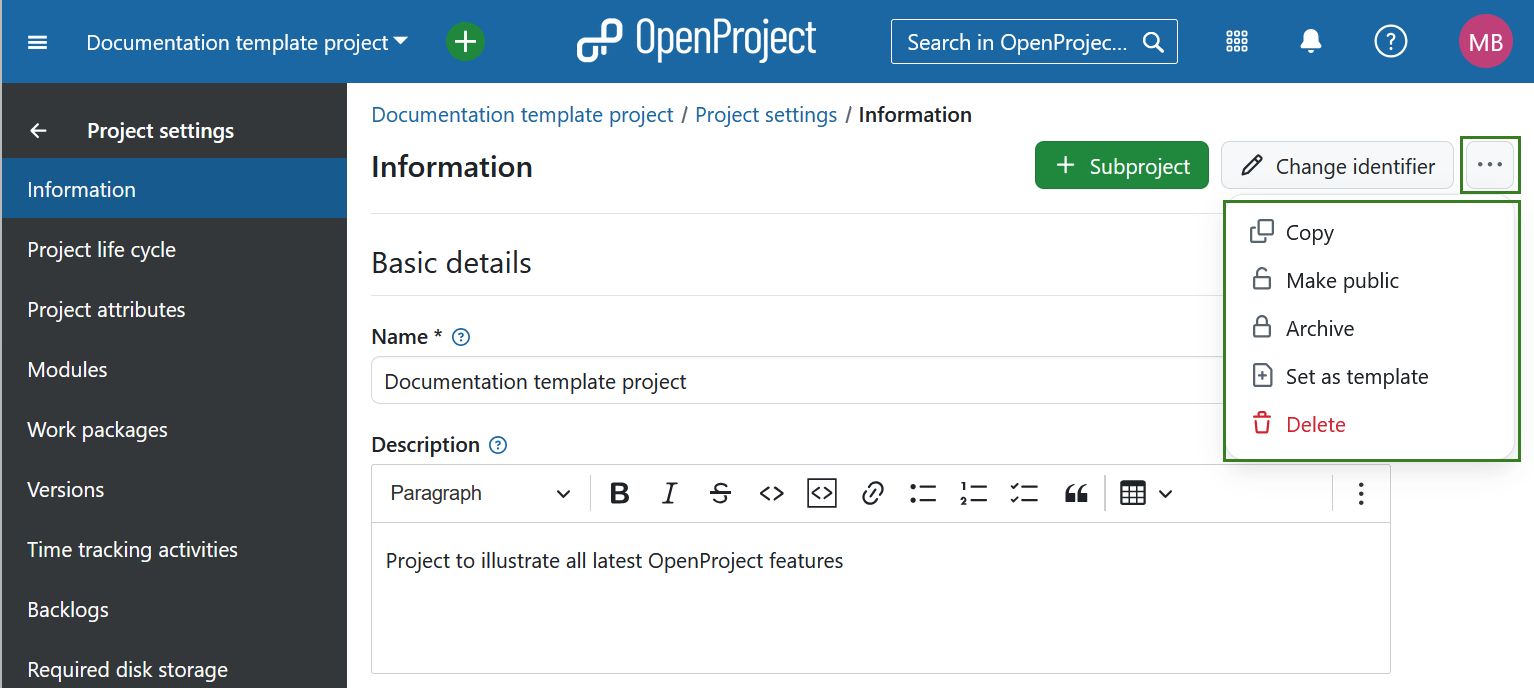Copy, archive or delete a project in project settings in OpenProject