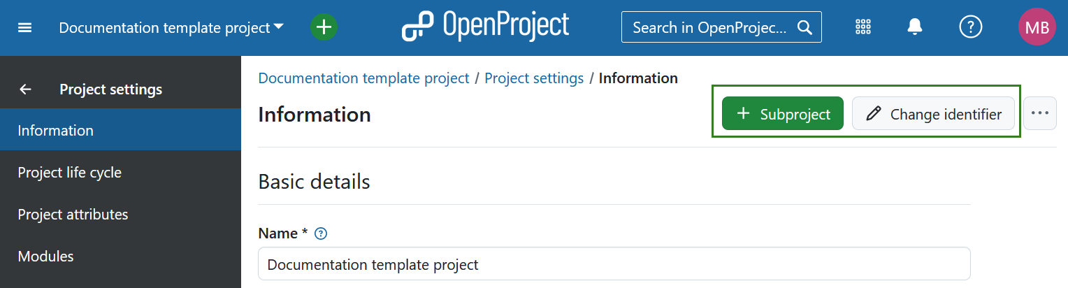 Add a subproject or change a project identifier under project settings in OpenProject