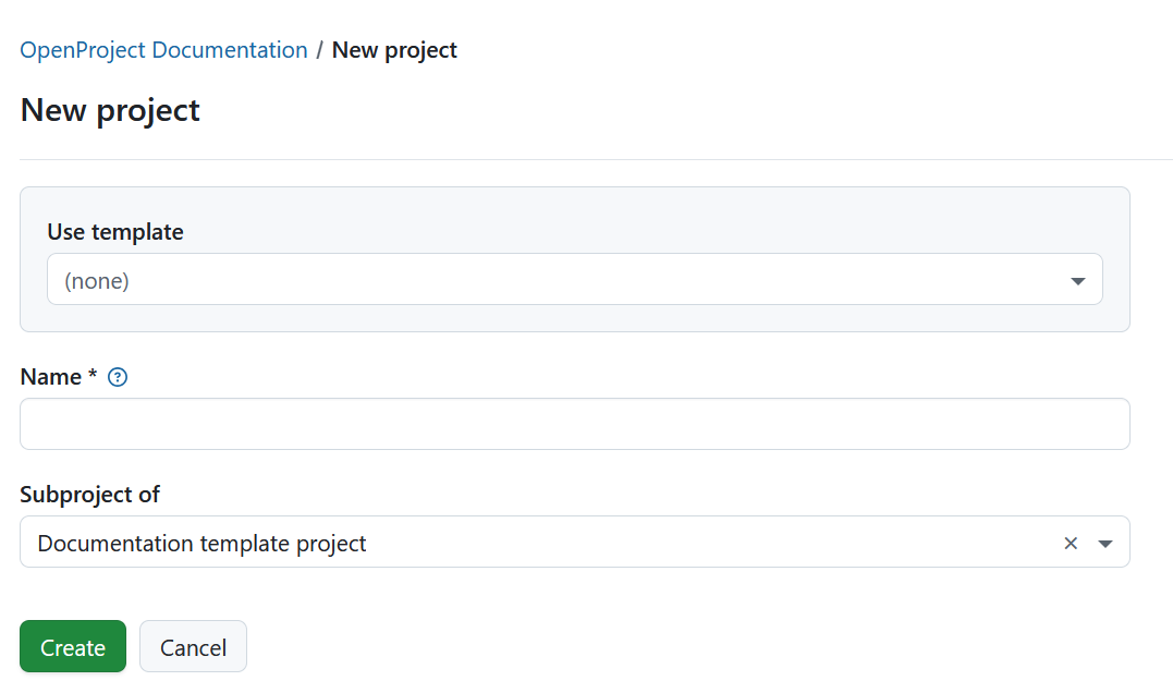 Form to create a subproject in OpenProject