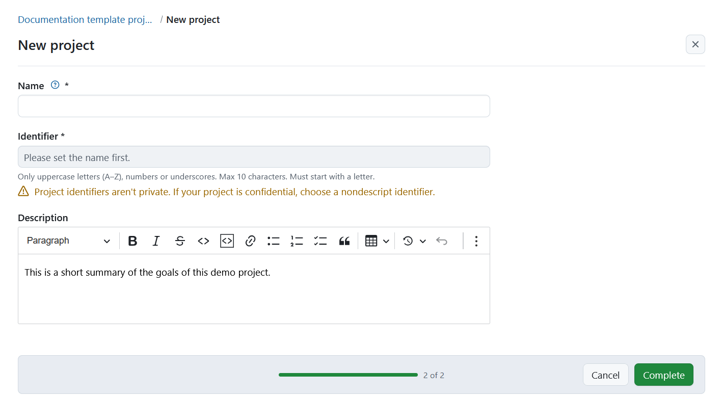 Form for creating a subproject in OpenProject