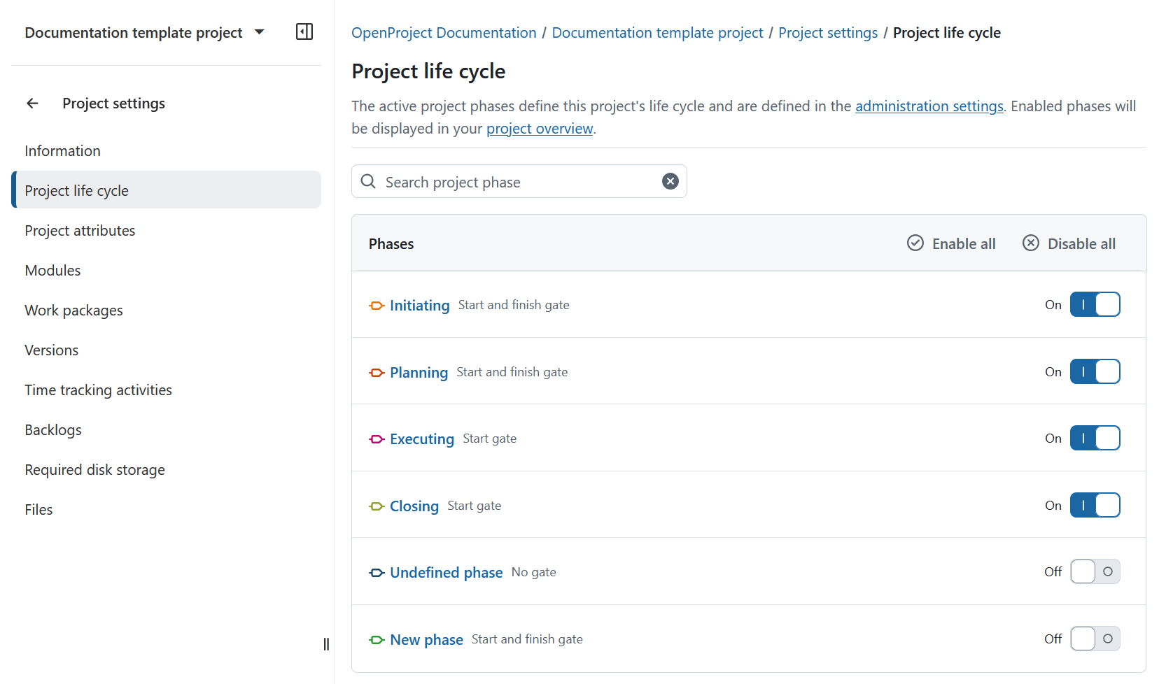 Cycle de vie du projet dans les paramètres du projet dans OpenProject listant toutes les phases de projet disponibles