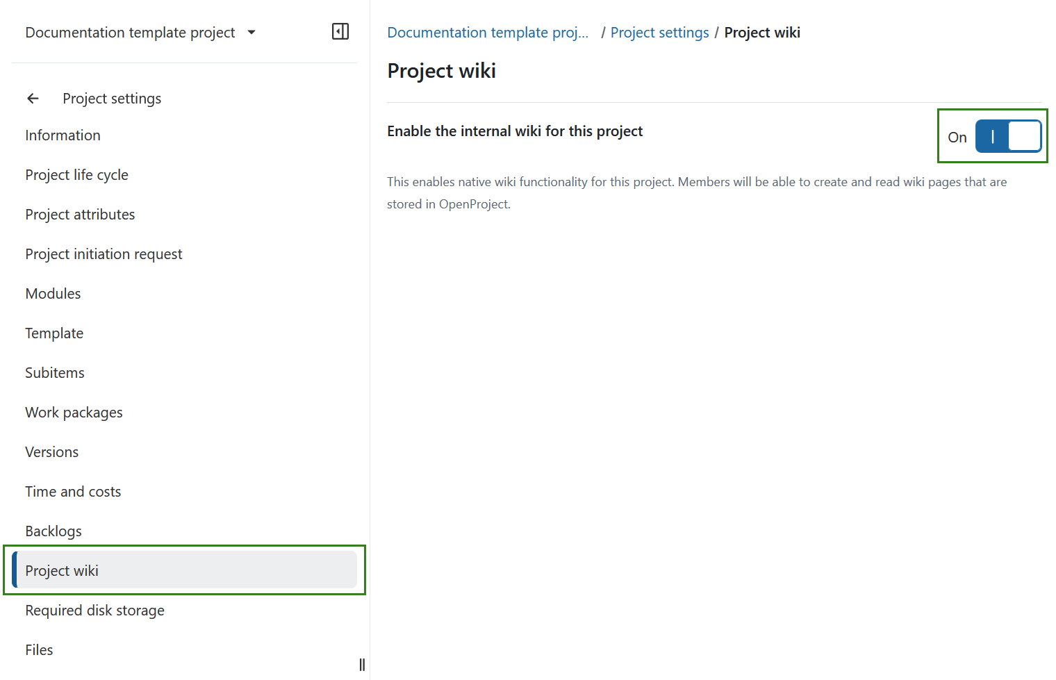 Enable or disable project wiki under project settings in OpenProject