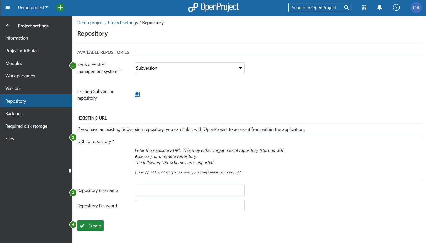 Repository settings under project settings in OpenProject