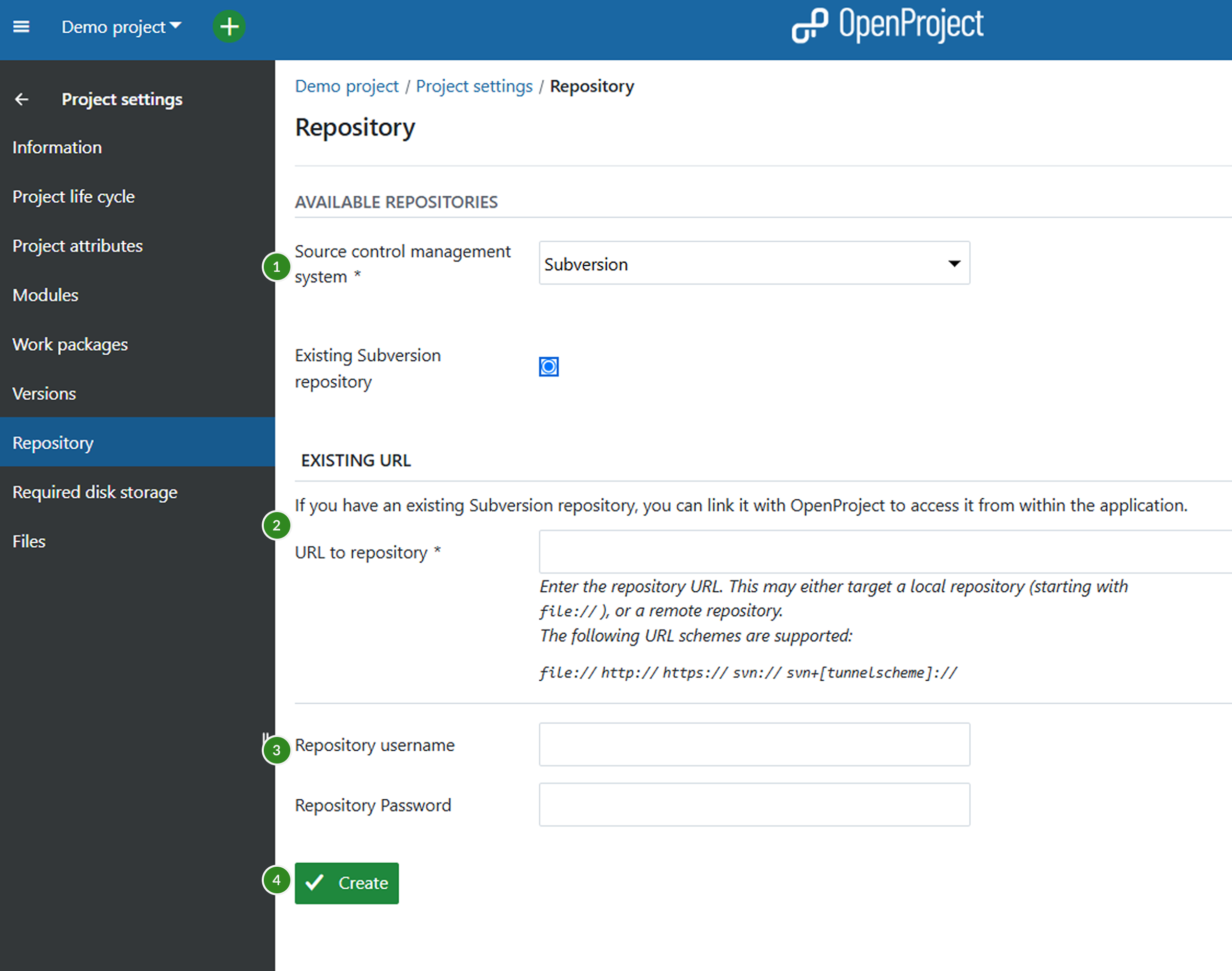 Configuración del repositorio en la configuración del proyecto en OpenProject