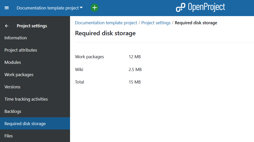 Required disk storage in OpenProject settings
