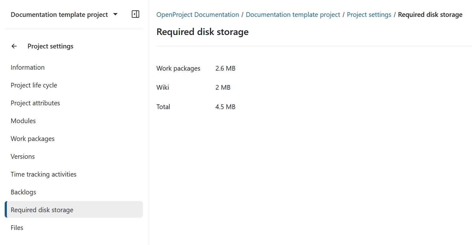 Required disk storage in OpenProject settings