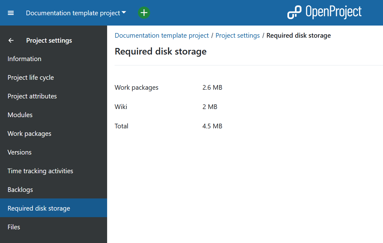 Stockage disque requis dans les paramètres OpenProject