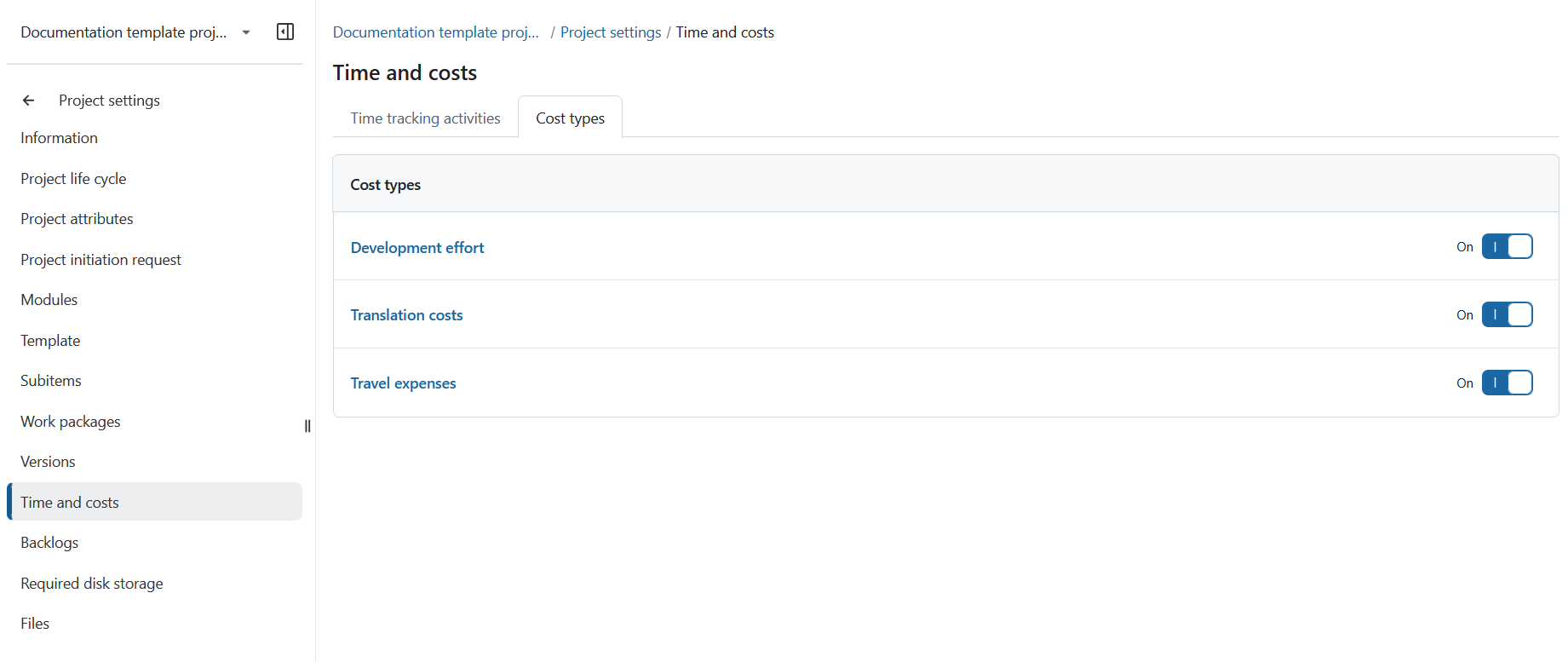 Enabled cost types under the Time and costs section in Project settings