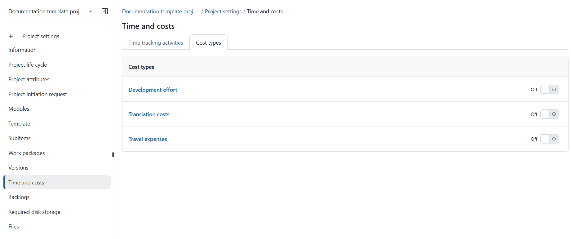 Cost types under the Time and costs section in Project settings