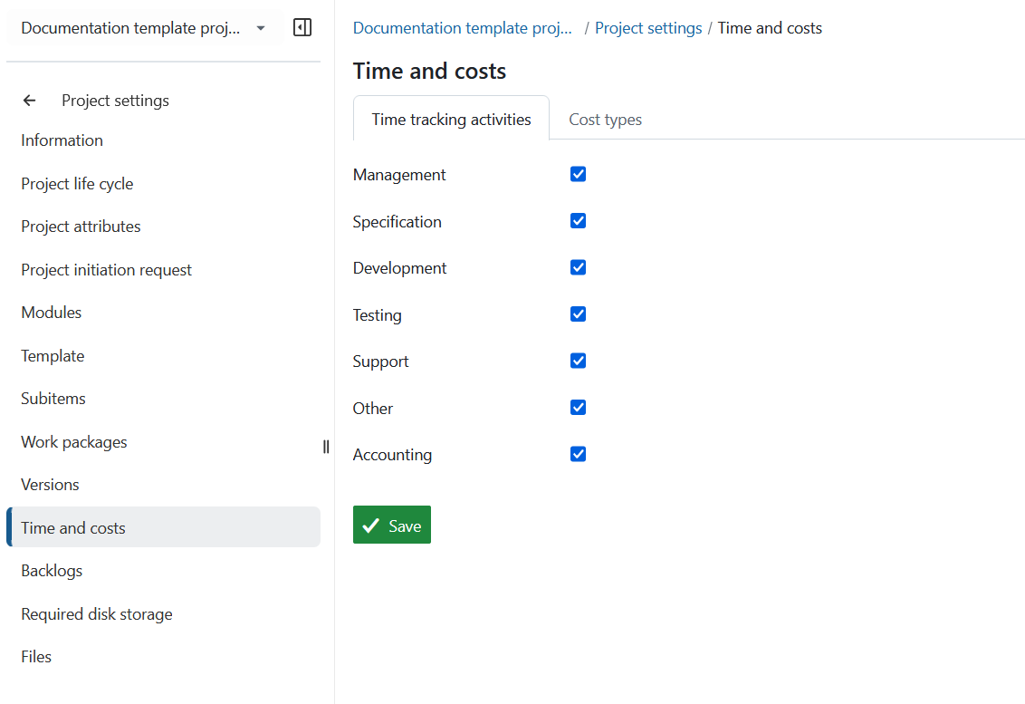 Activate time tracking activities under the Time and costs section in Project settings