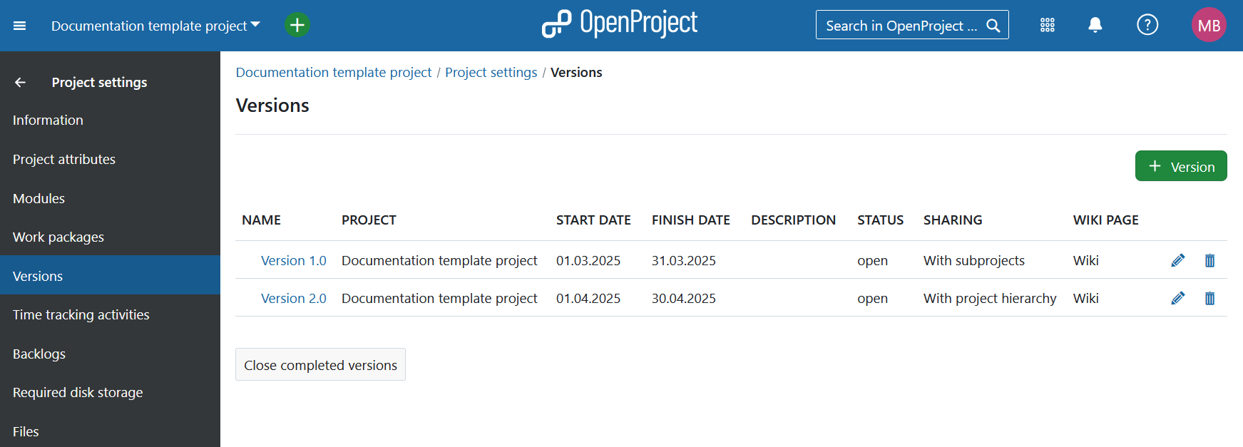 Versions in project settings in OpenProject
