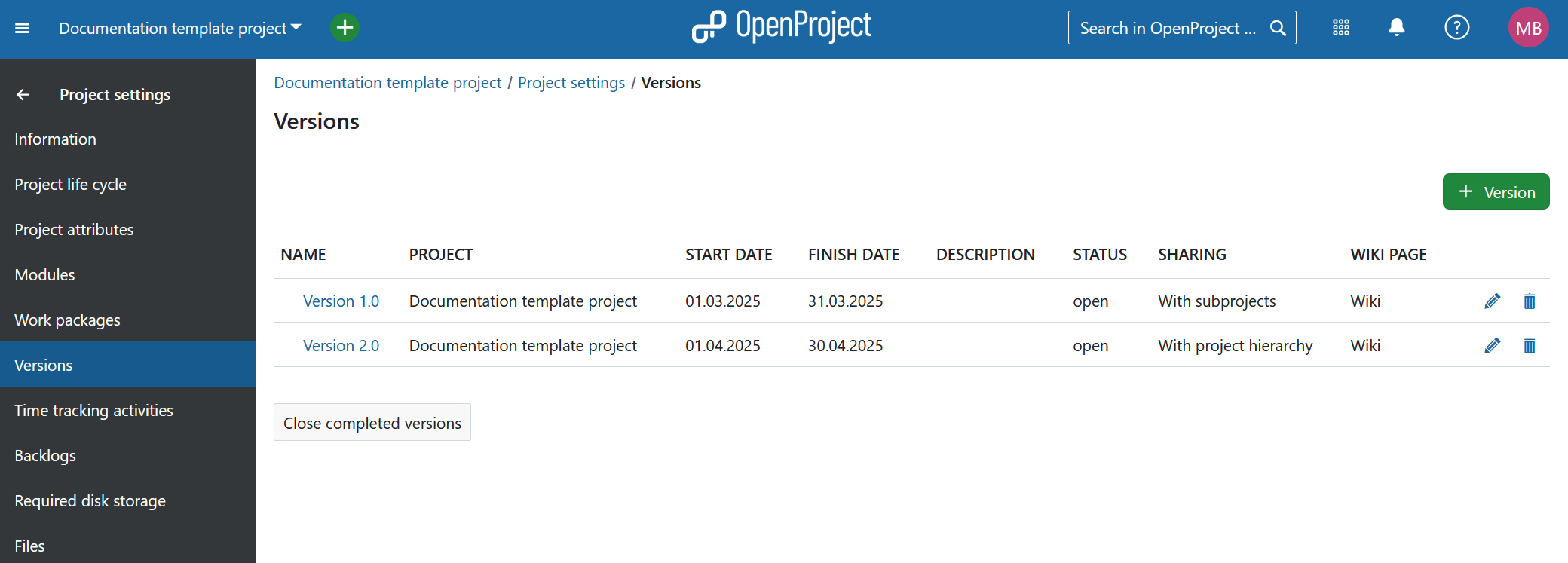 Versions in project settings in OpenProject