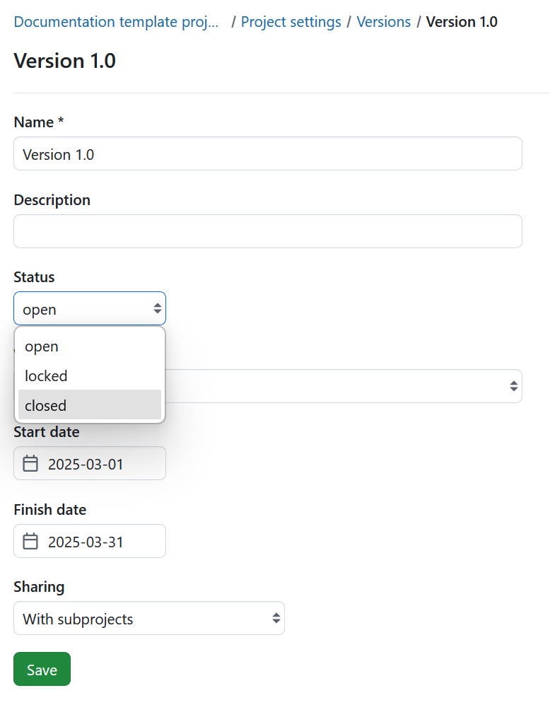 Close a version under project settings in OpenProject