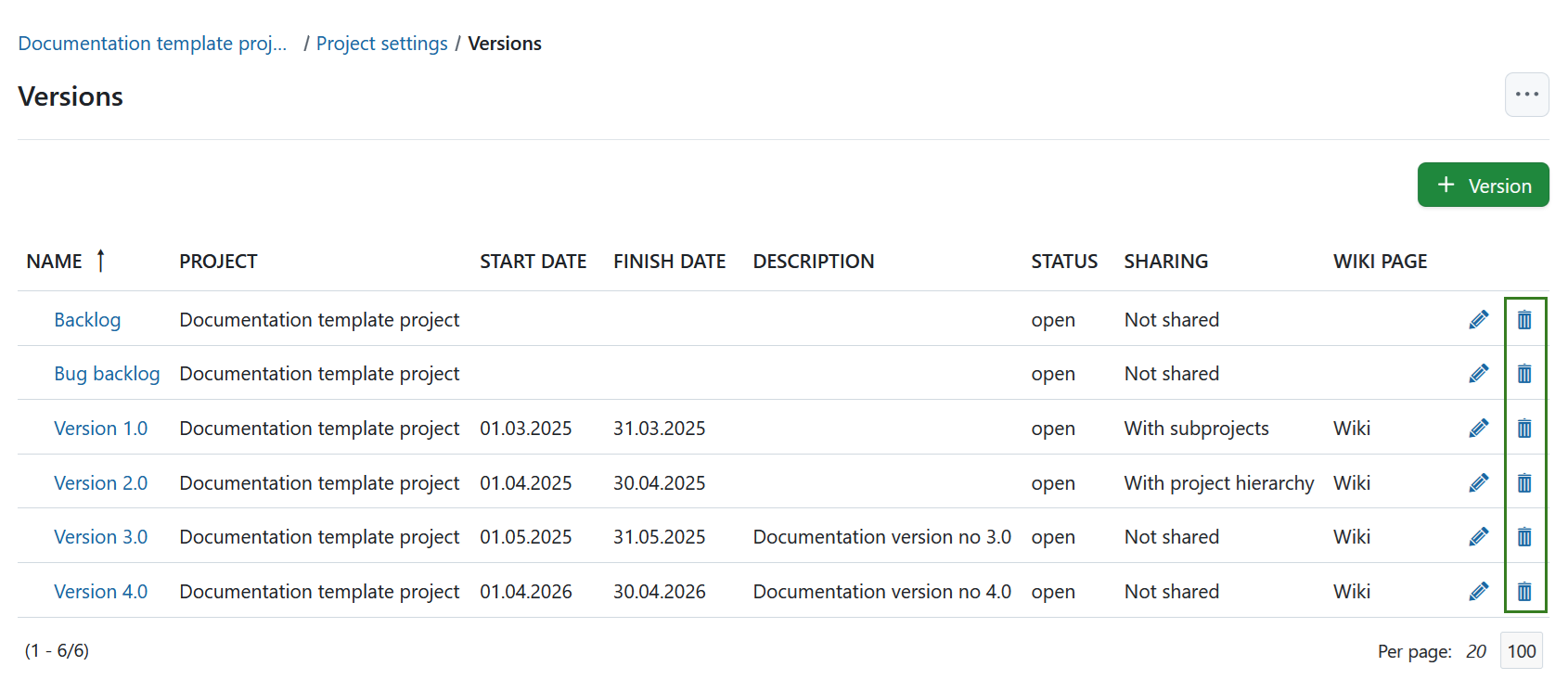 Delete a version under project settings in OpenProject