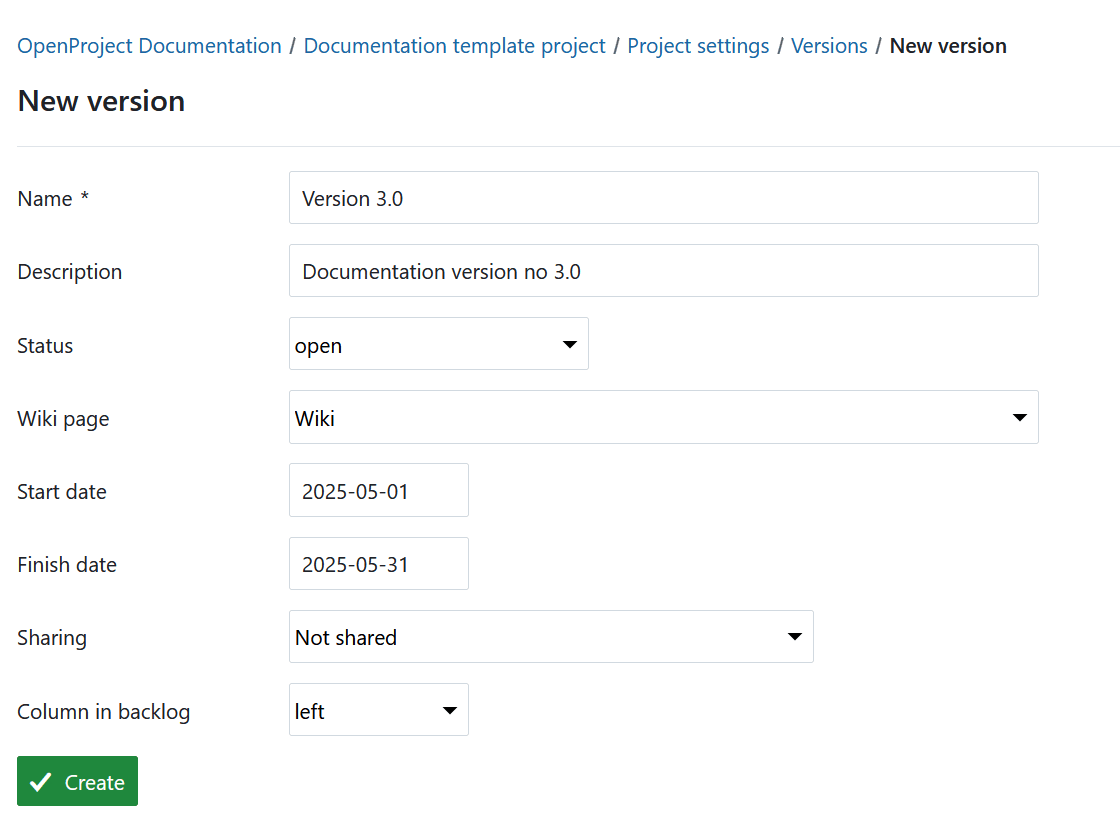 Criar uma nova versão nas definições do projeto no OpenProject