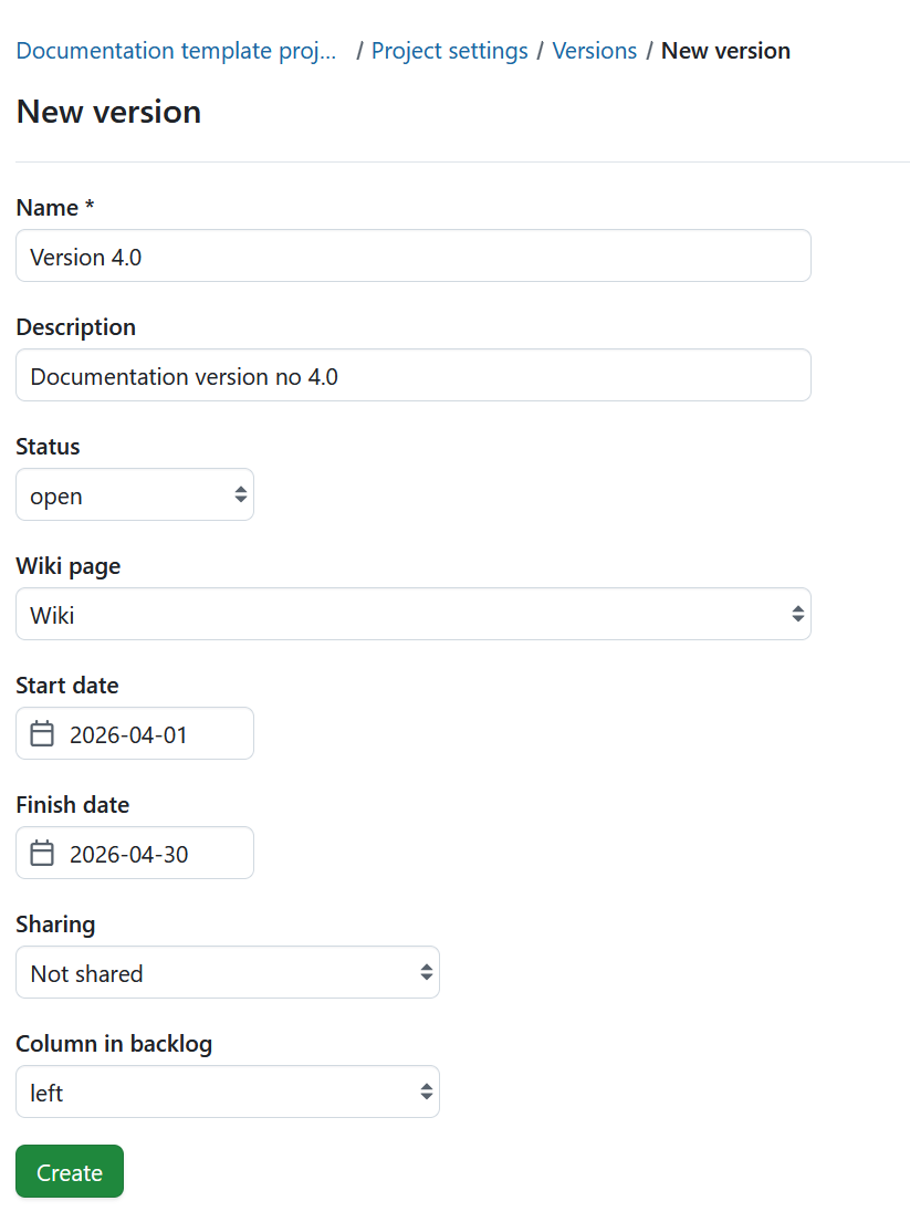 Crear nueva versión en la configuración del proyecto en OpenProject