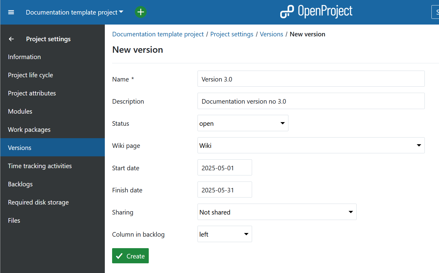 Create new version under project settings in OpenProject