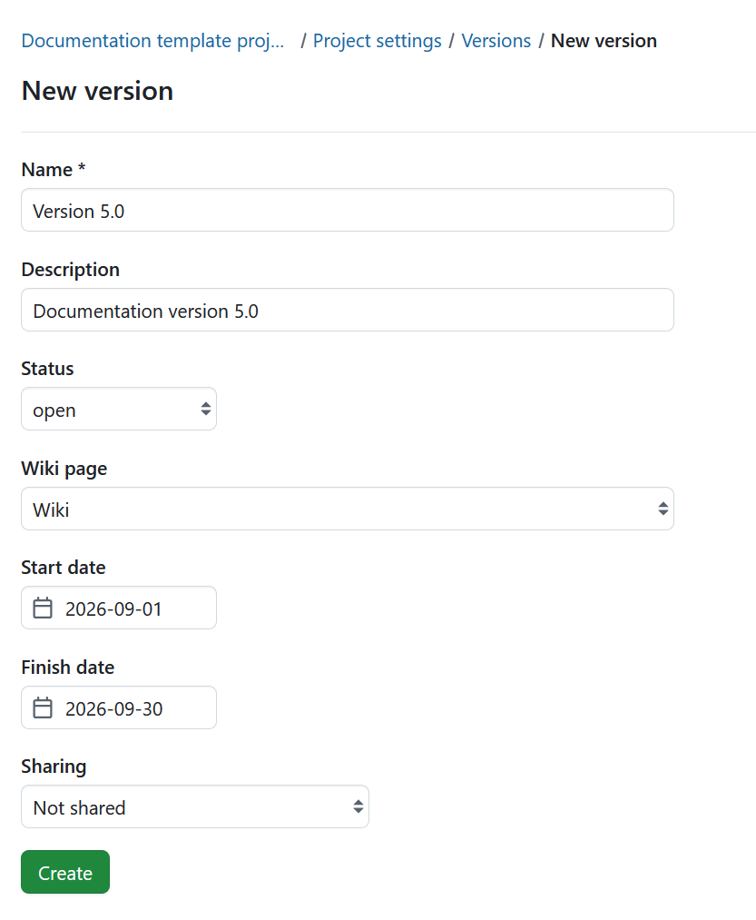 Create new version under project settings in OpenProject