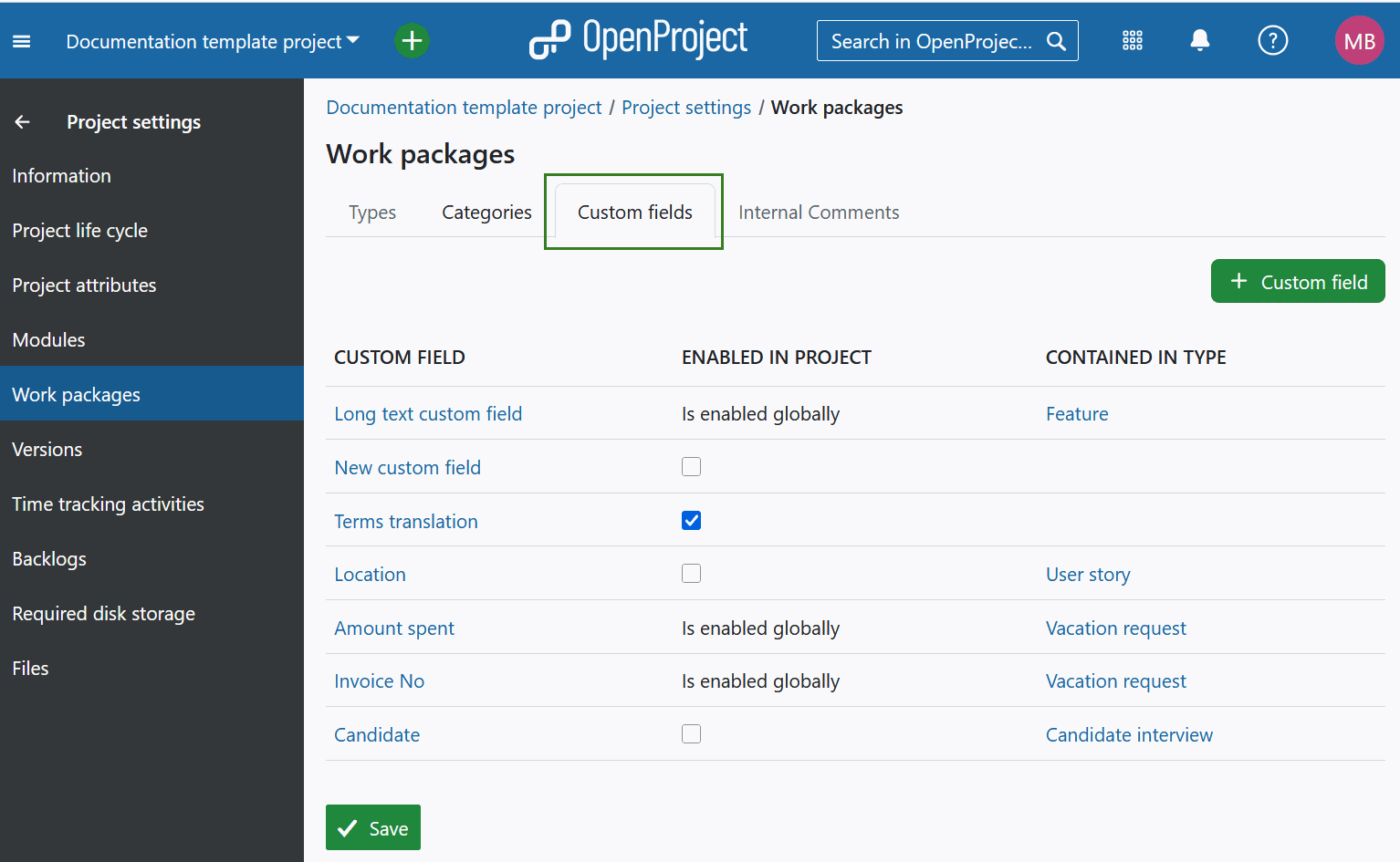 Paramètres des champs personnalisés dans les paramètres de projet OpenProject
