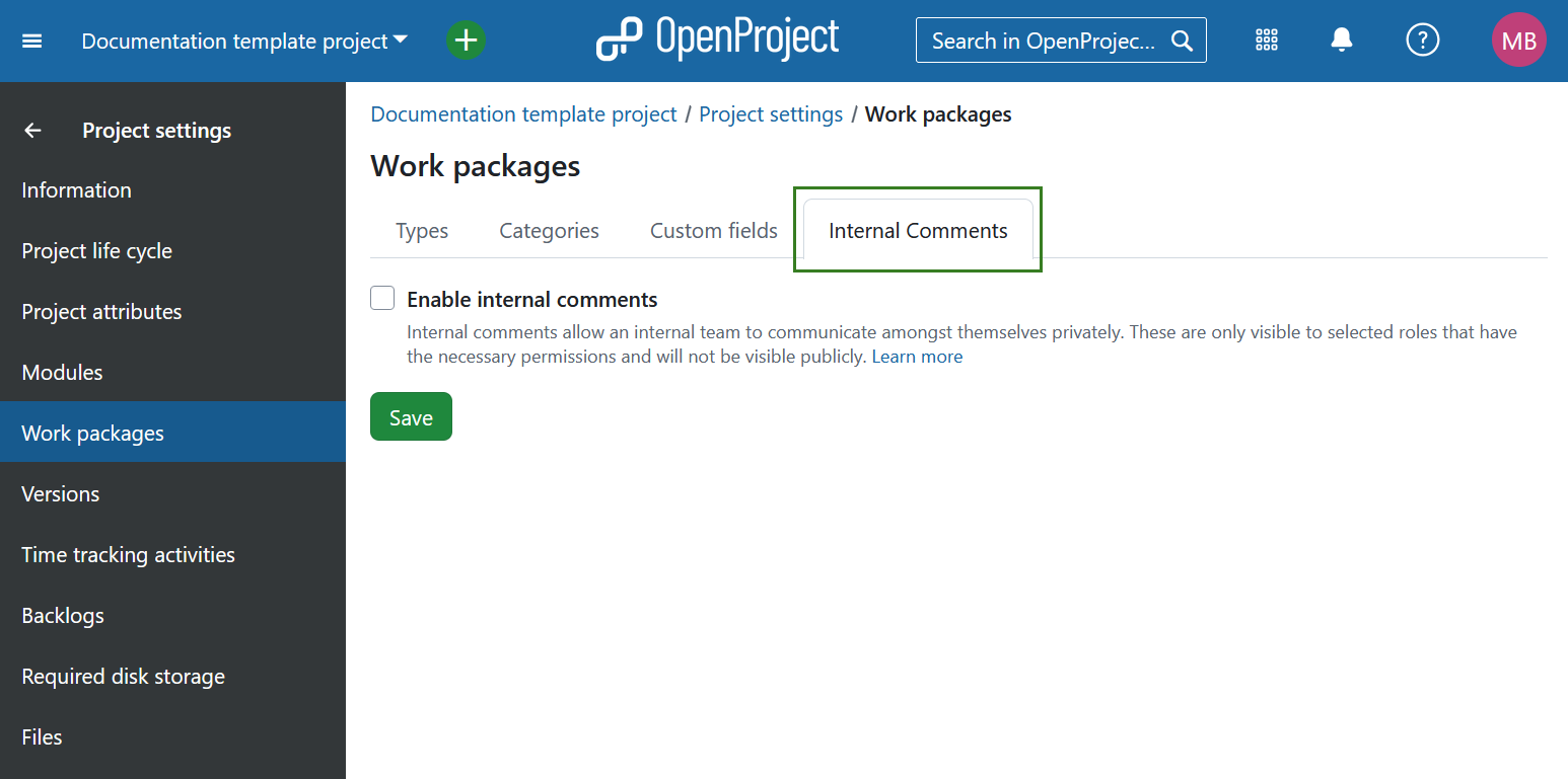 Internal comments settings in OpenProject project settings